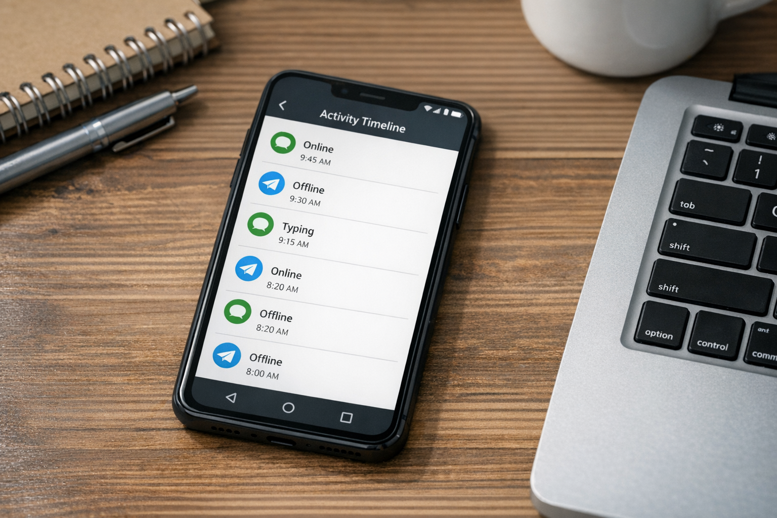 Close de um smartphone sobre uma mesa mostrando uma interface limpa e genérica d...