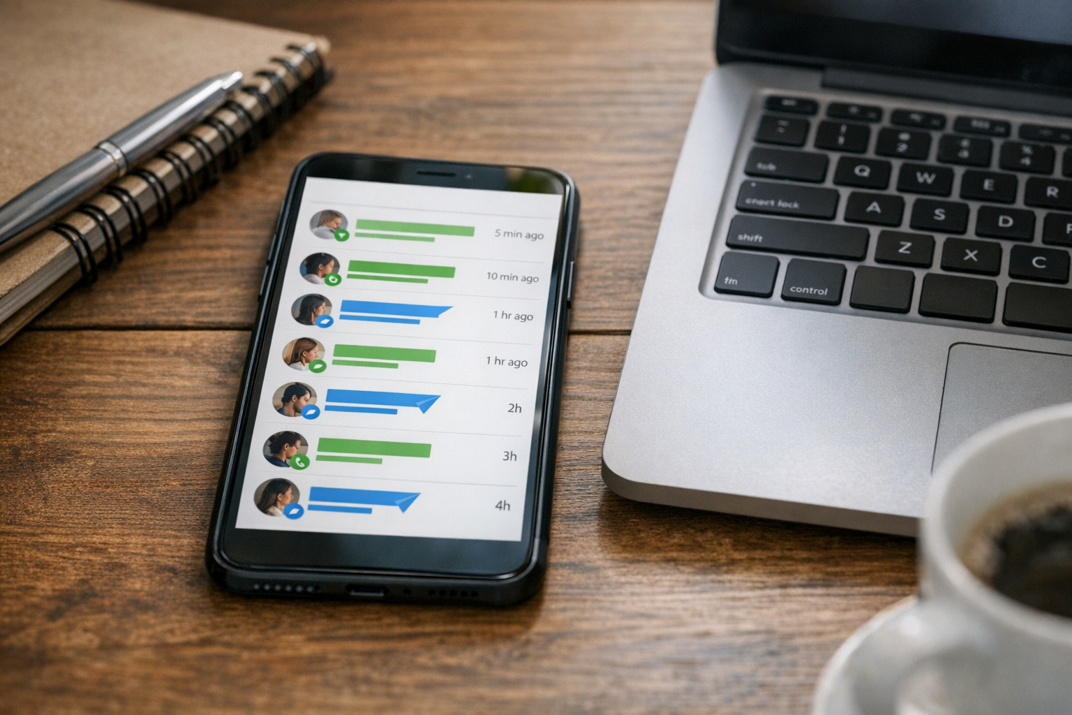 Primer plano de un smartphone sobre una mesa mostrando una interfaz limpia y gen...