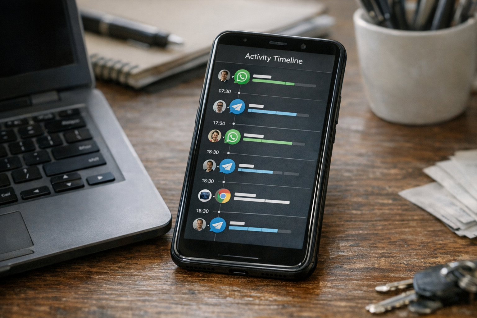 टेबल पर रखे स्मार्टफ़ोन का क्लोज़-अप, जिसमें साफ़ और सामान्य ऑनलाइन गतिविधि टाइम...
