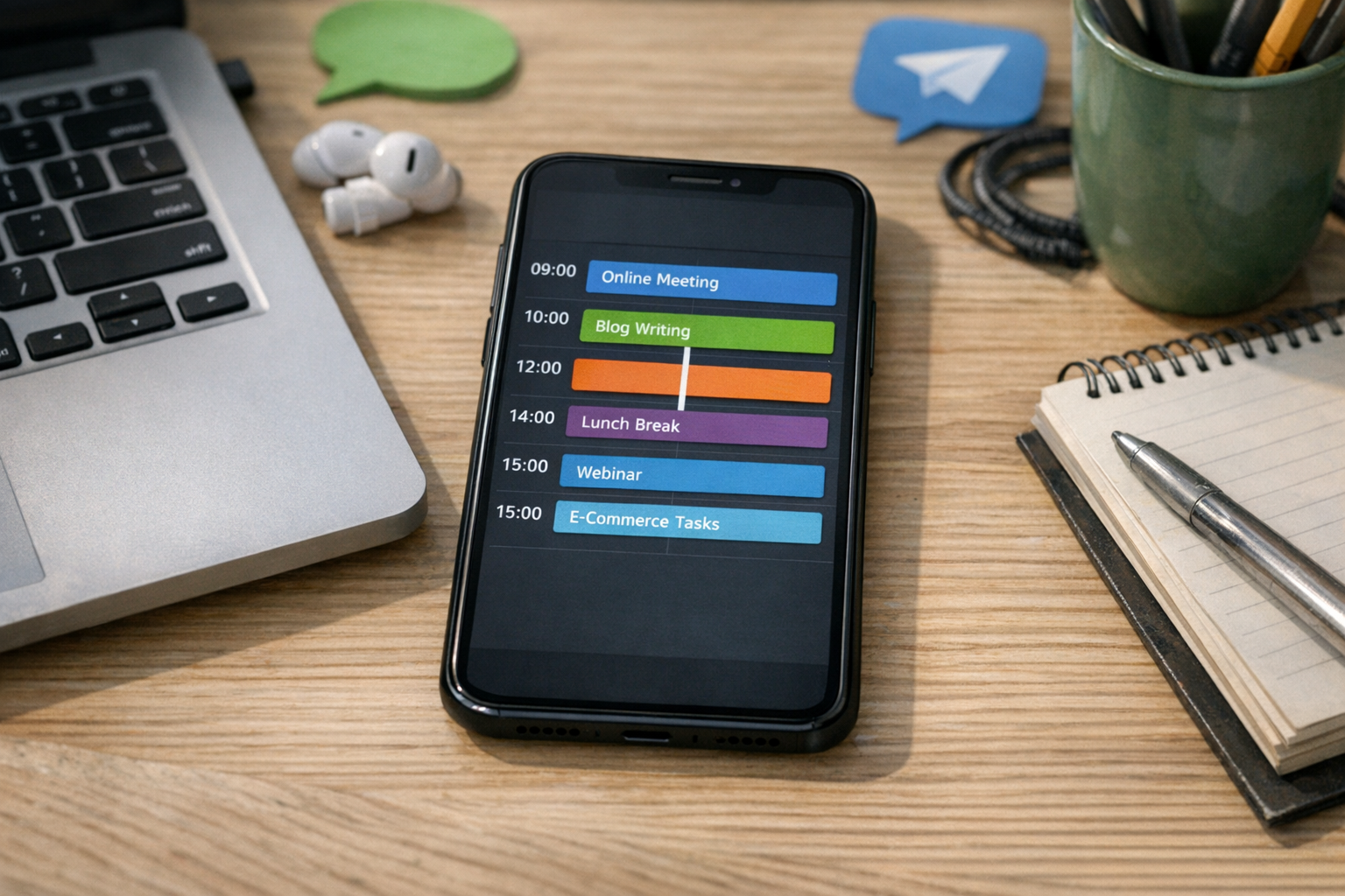 Evde pratik bir çalışma alanında masanın üzerindeki bir akıllı telefonun sade ve...