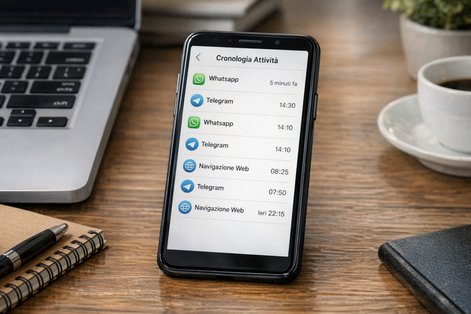 Primo piano di uno smartphone su un tavolo che mostra un’interfaccia pulita e ge...