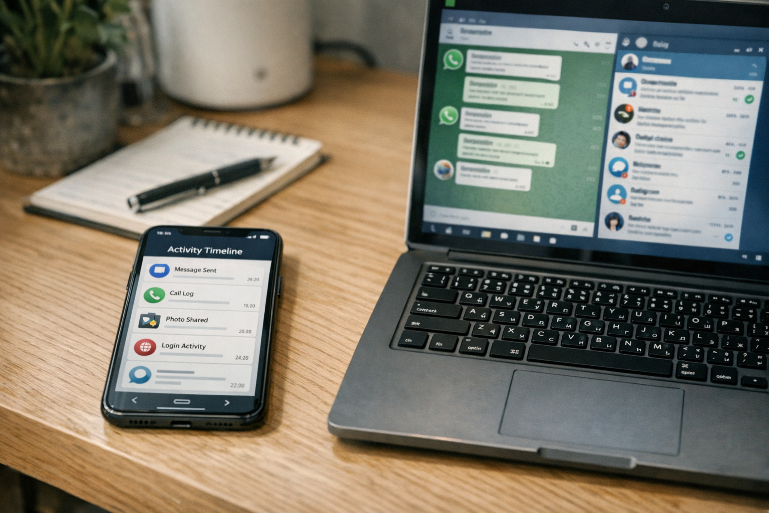 테이블 위 스마트폰 화면에 깔끔하고 일반적인 온라인 활동 타임라인 인터페이스가 보이고 옆에 노트북이 놓인 클로즈업, 한국의 실용적인 홈 오피스 ...