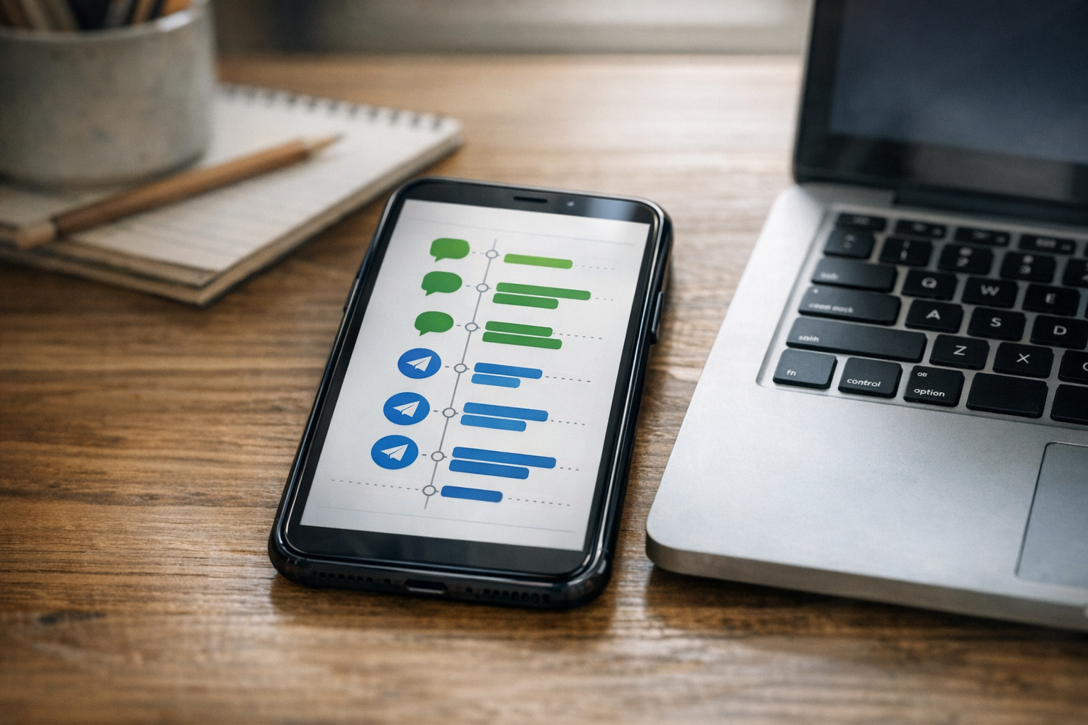 Zbliżenie na smartfon leżący na stole i pokazujący przejrzysty, ogólny interfejs...