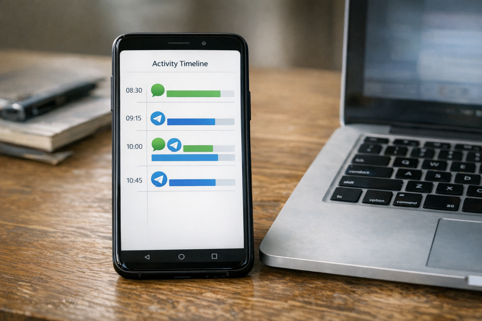 Närbild av en smarttelefon på ett bord som visar ett rent och generellt gränssni...