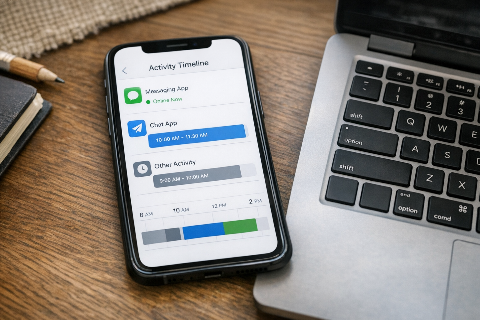 桌面上一部手机的近景特写，屏幕显示简洁通用的在线活动时间轴界面，旁边放着一台笔记本电脑，传达在家庭工作区中查看 WhatsApp 和 Telegram 使用习惯...