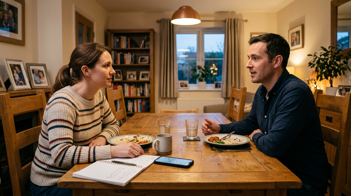 Valósághű családi otthoni jelenet, ahol két felnőtt a telefonhasználati mintákról beszélget...