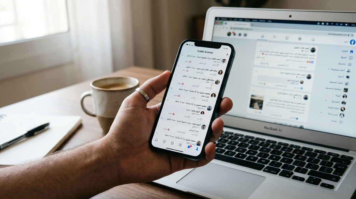 لقطة واقعية مقرّبة ليد تمسك هاتفًا ذكيًا يعرض واجهة نشاط عامة على شكل خط زمني، م...