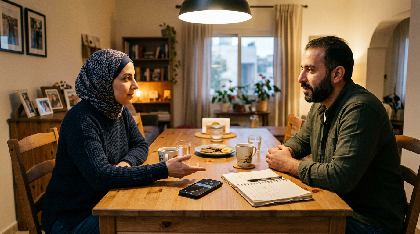 مشهد منزلي عائلي واقعي مع شخصين بالغين يناقشان أنماط استخدام الهاتف على طاولة ال...