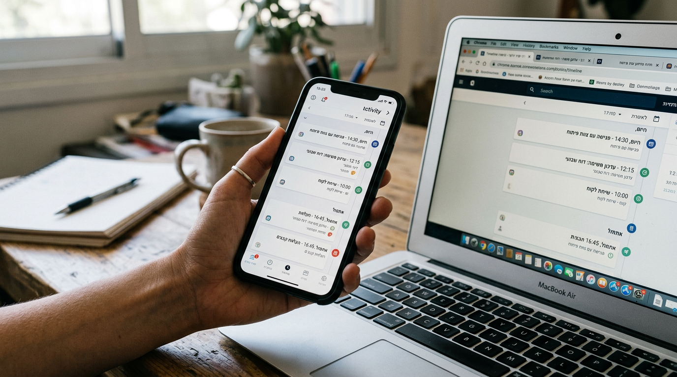 תקריב ריאליסטי של יד המחזיקה סמארטפון המציג ממשק פעילות כללי בסגנון ציר זמן, כשמ...