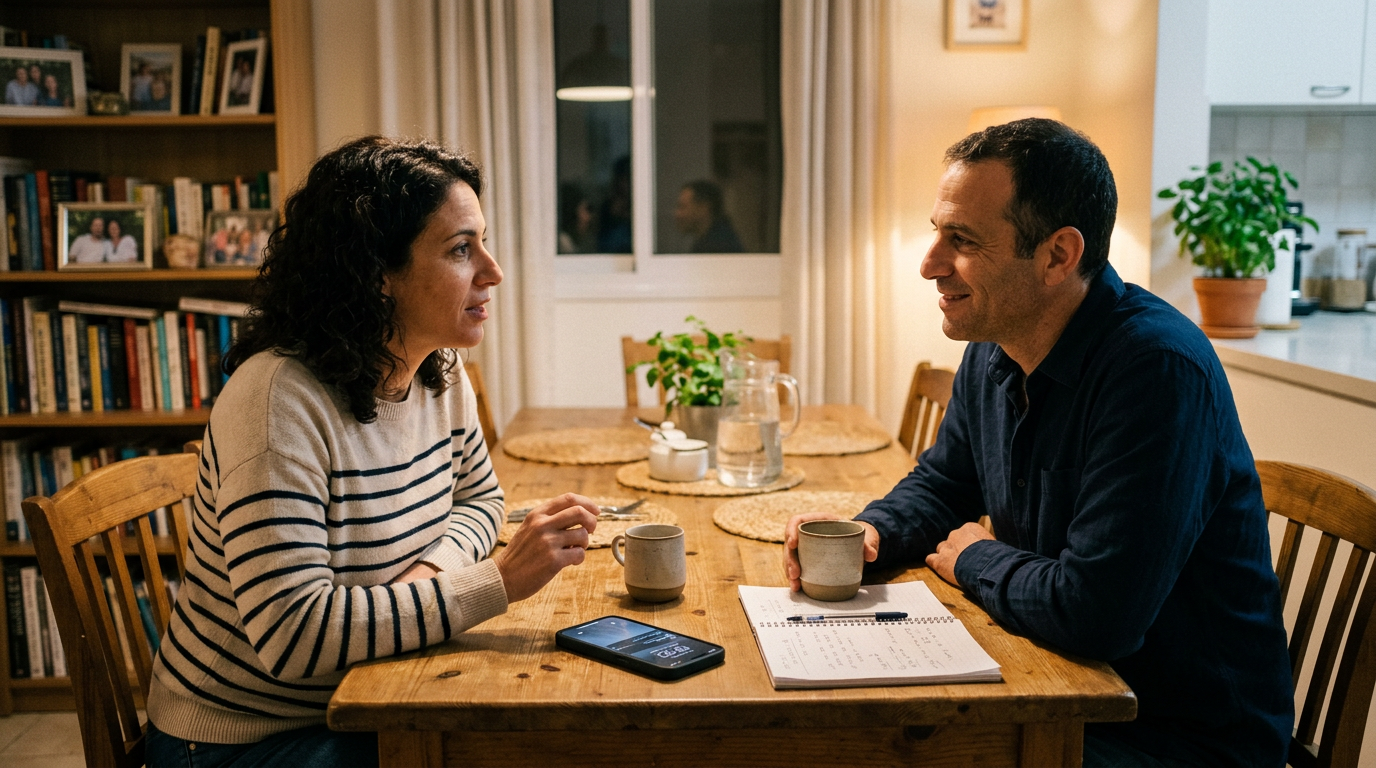 סביבה ביתית משפחתית ריאליסטית עם שני מבוגרים המשוחחים על דפוסי שימוש בטלפון ליד ...