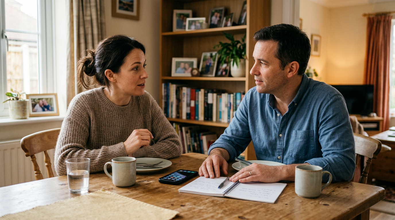 Suasana rumah keluarga yang realistis dengan dua orang dewasa sedang mendiskusik...