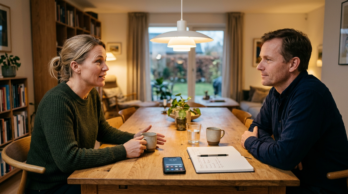 Et realistisk familiært hjemmemiljø med to voksne, der taler om mønstre i telefo...