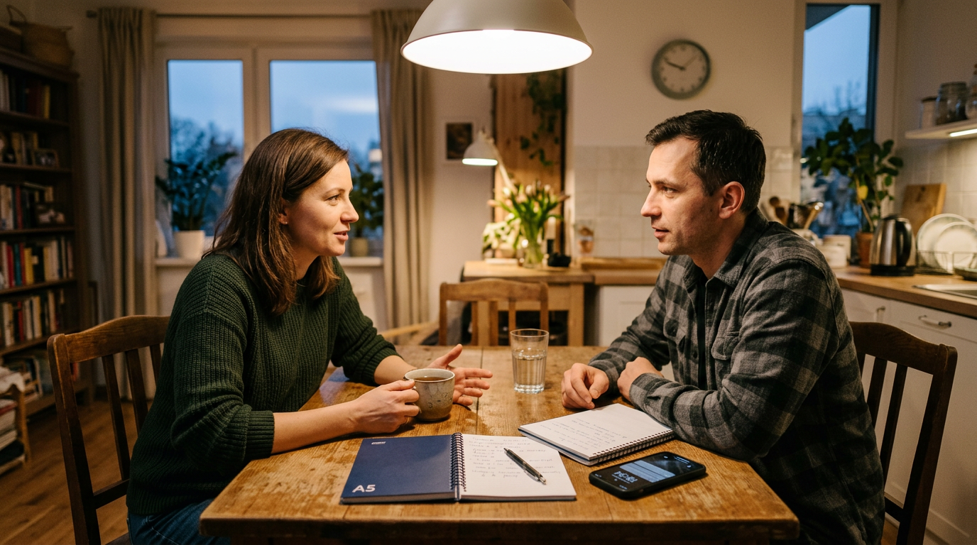 Realistyczna domowa scena rodzinna z dwojgiem dorosłych rozmawiających przy stol...