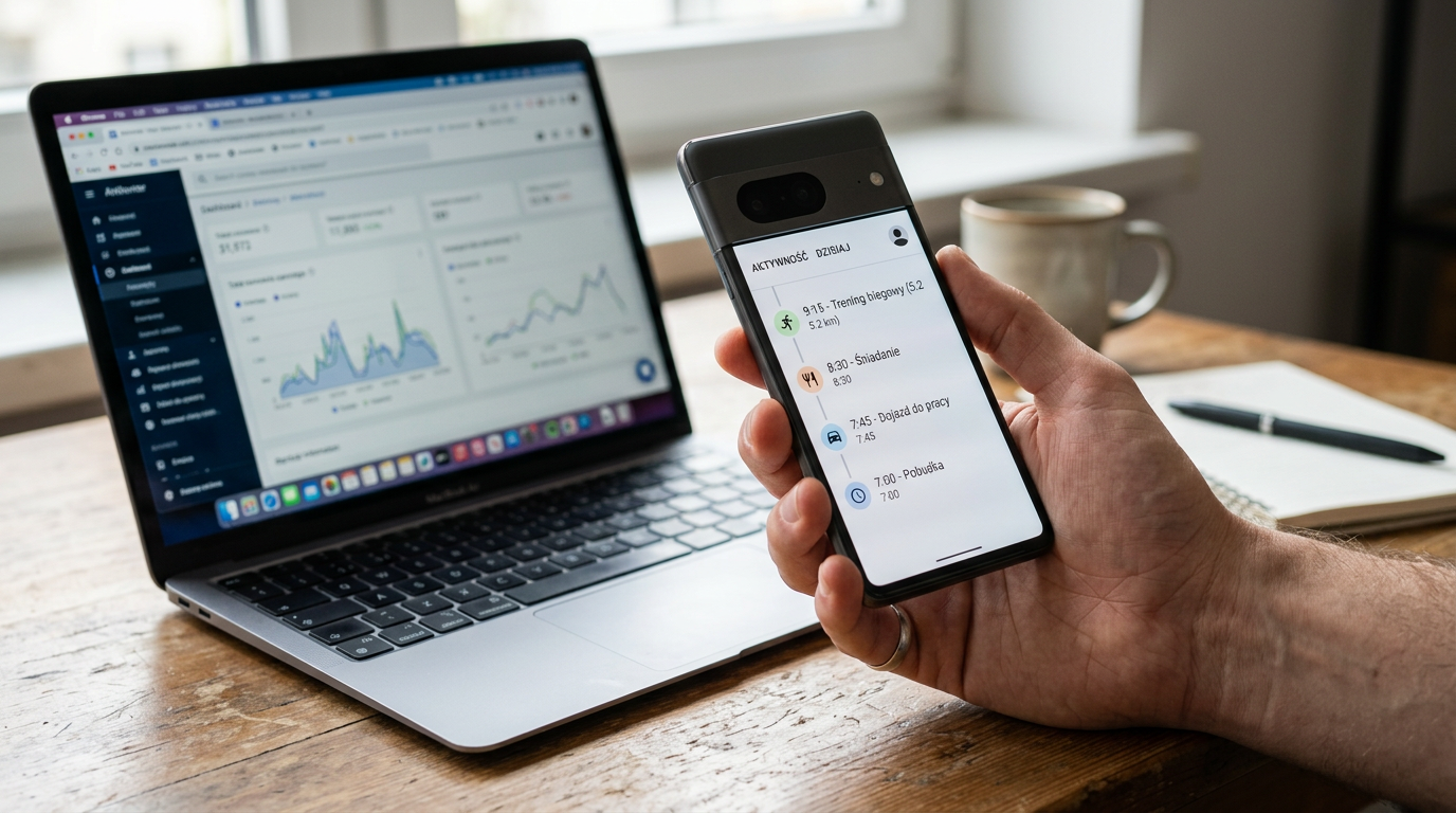 Realistyczne zbliżenie dłoni trzymającej smartfon z ogólnym interfejsem aktywnoś...