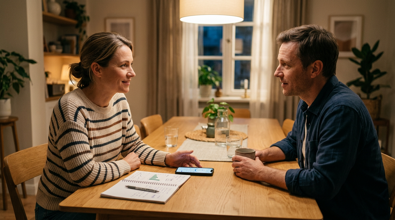 Un entorno familiar realista con dos adultos comentando patrones de uso del telé...