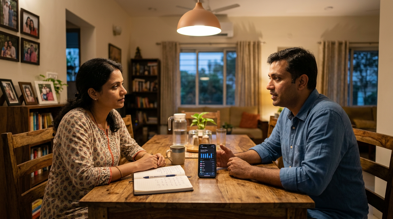 एक यथार्थवादी पारिवारिक घर का दृश्य, जिसमें दो वयस्क dining table पर फोन उपयोग क...