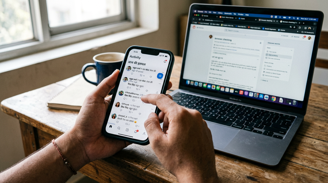 हाथ में पकड़े स्मार्टफोन का यथार्थवादी क्लोज़-अप, जिसमें एक सामान्य timeline-sty...