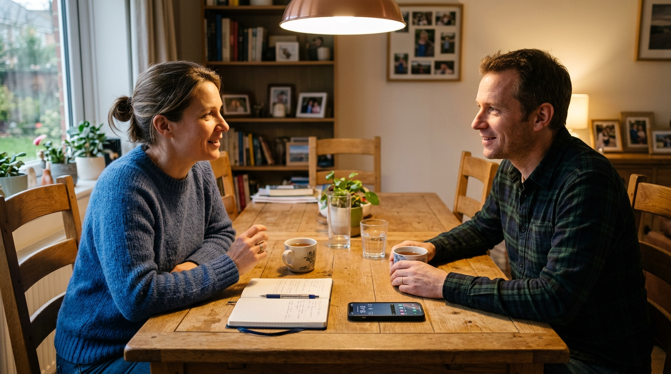 Un cadre réaliste dans une maison familiale avec deux adultes discutant des habi...