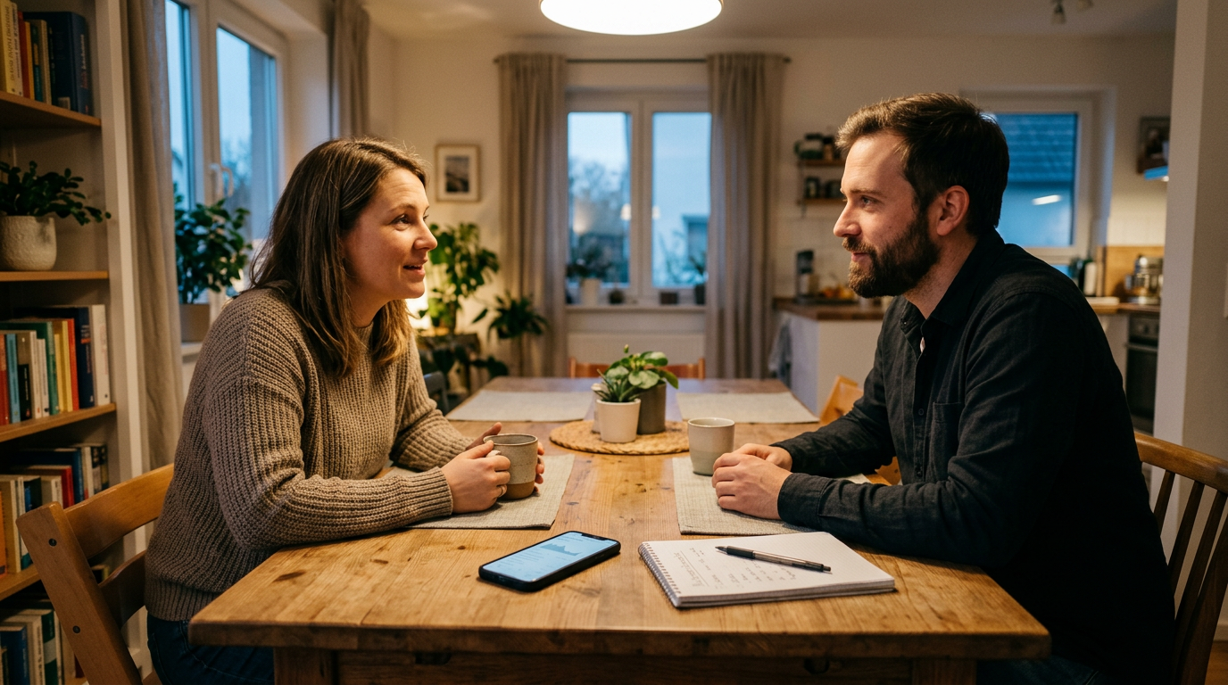 Eine realistische Familienszene zu Hause: Zwei Erwachsene sprechen an einem Esst...