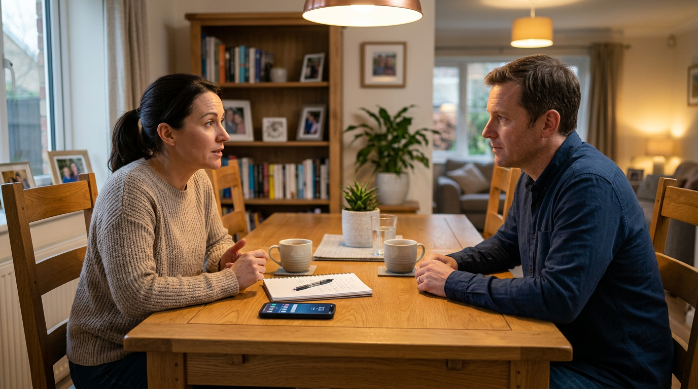 Valósághű családi otthoni jelenet, ahol két felnőtt a telefonhasználati mintákró...