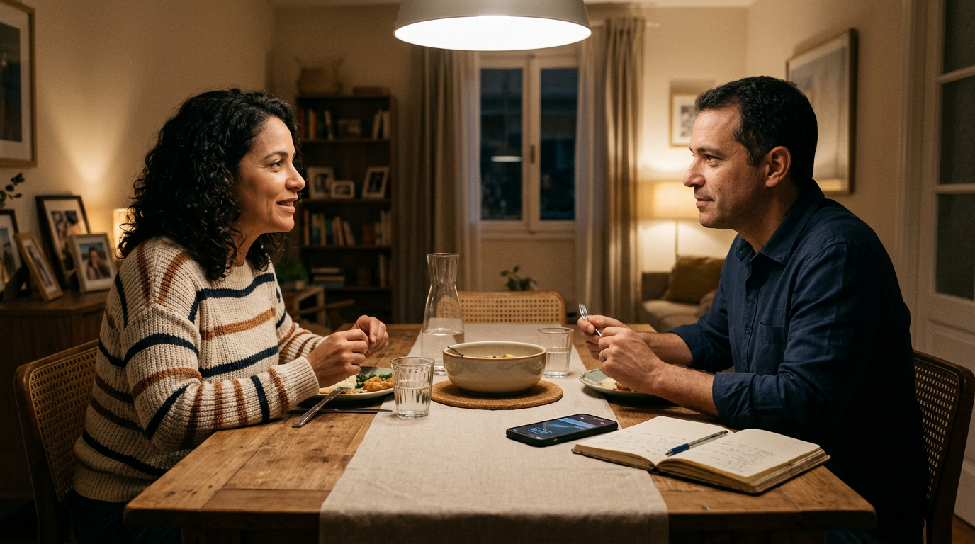 Um ambiente familiar realista com dois adultos conversando sobre padrões de uso ...