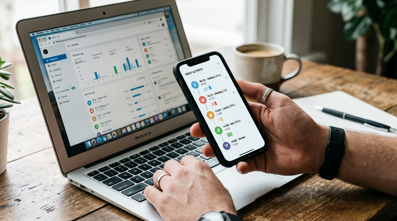 Um close realista de uma mão segurando um smartphone mostrando uma interface gen...