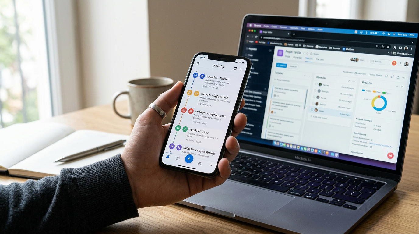 Bir elin, genel bir zaman çizelgesi tarzı aktivite arayüzü gösteren bir akıllı t...