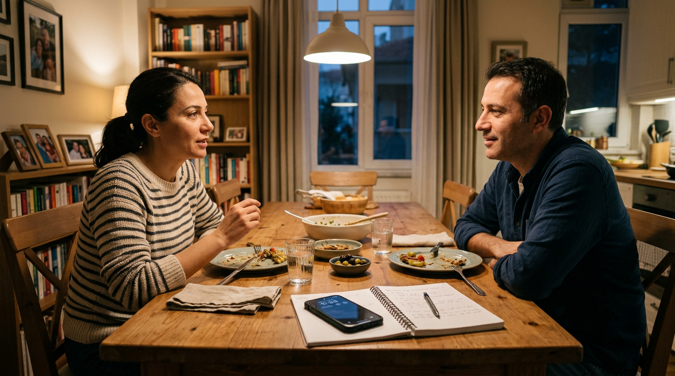 Yemek masasının başında telefon kullanım örüntülerini konuşan iki yetişkinin yer...