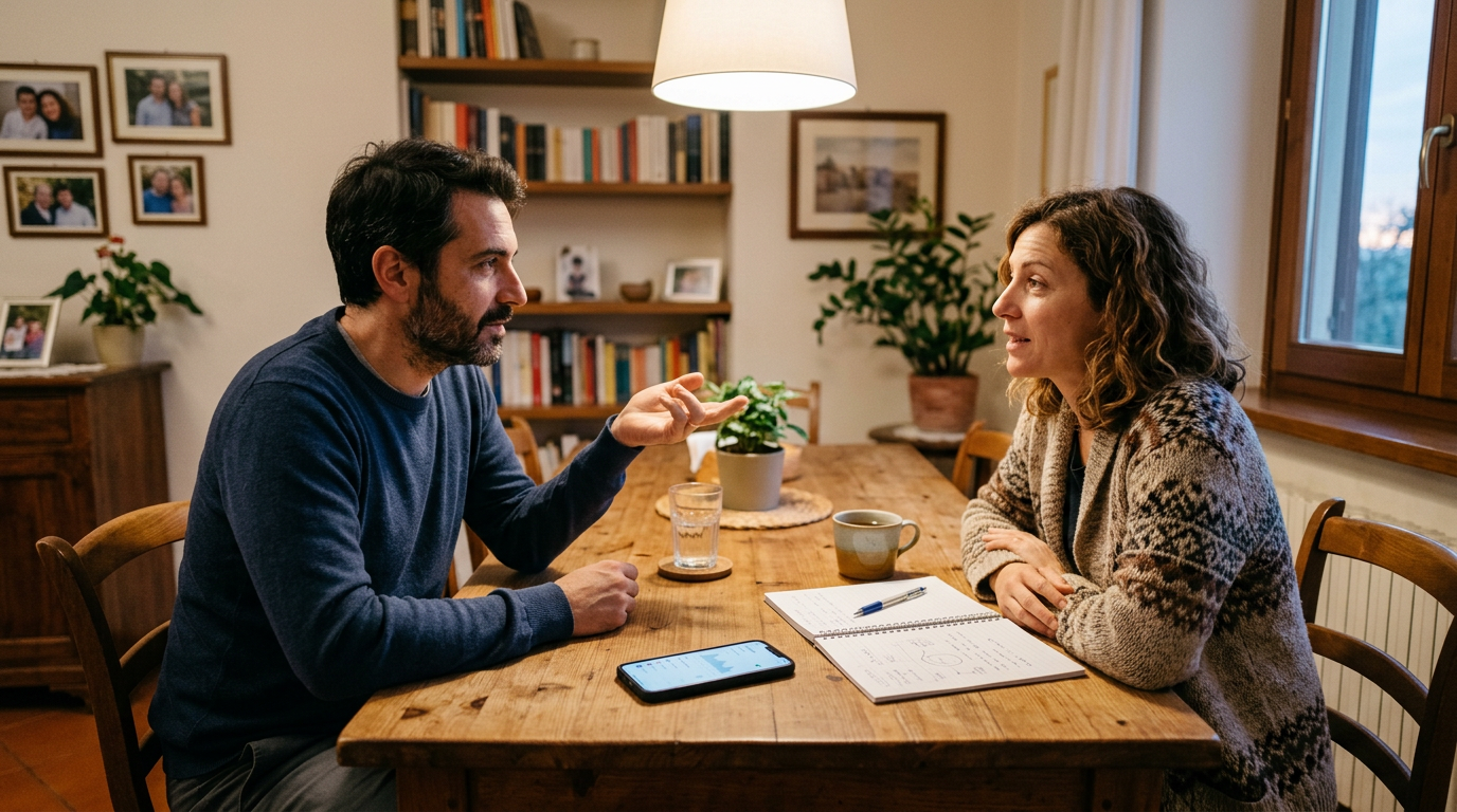 Un ambiente domestico familiare realistico con due adulti che discutono dei mode...