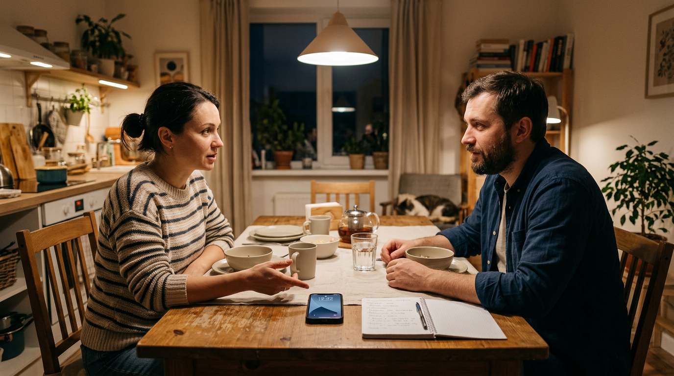 Реалистичная домашняя семейная обстановка: двое взрослых обсуждают паттерны испо...