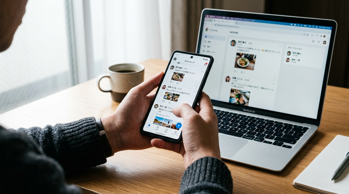 手に持ったスマートフォンに一般的なタイムライン形式のアクティビティ画面が表示され、近くの机にはブラウザ確認との比較を連想させるように開いたノートPCがある、リア...