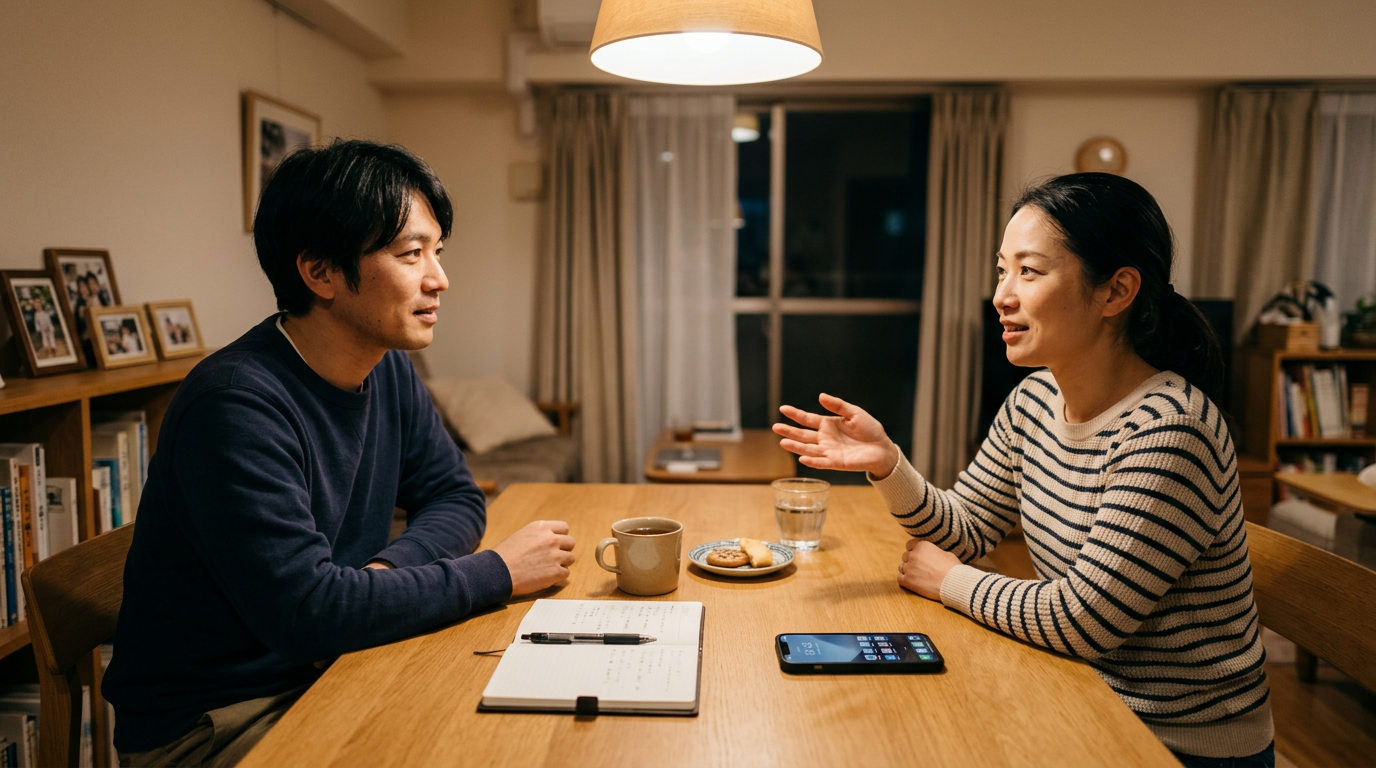 家庭的なダイニング空間で、2人の大人がスマートフォンの利用パターンについて話し合っているリアルな場面。ノートの横に画面を上にしたスマートフォンが1台置かれている...
