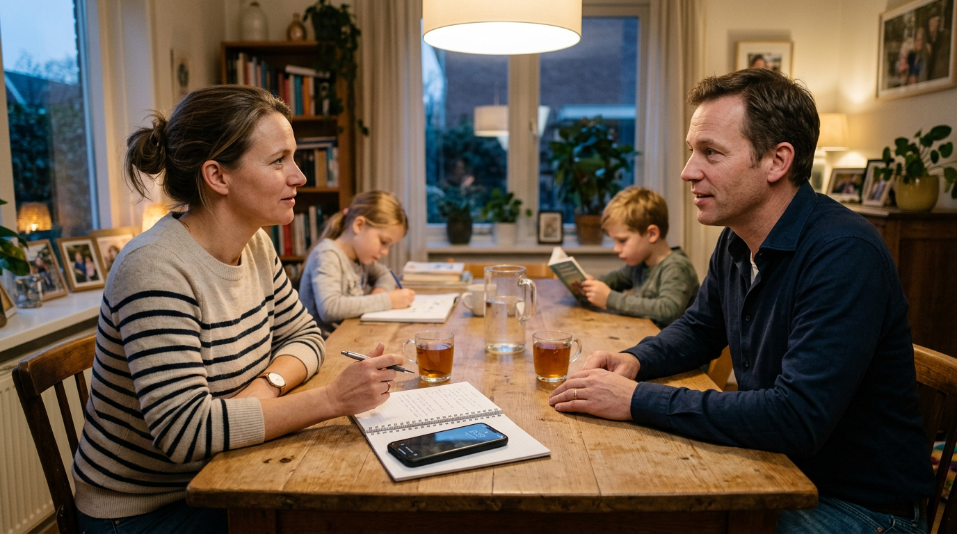 Een realistische gezinssituatie thuis met twee volwassenen die aan de eettafel t...