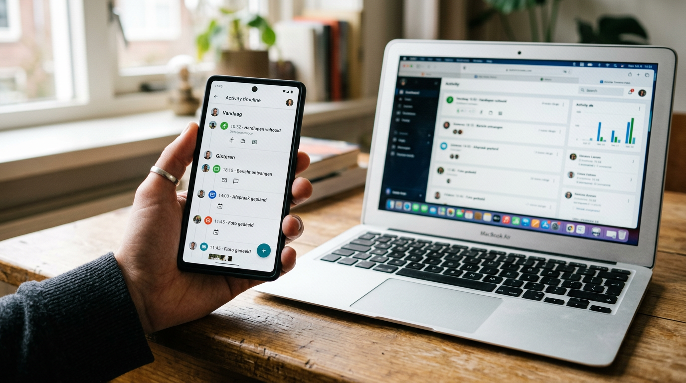 Een realistische close-up van een hand die een smartphone vasthoudt met een alge...