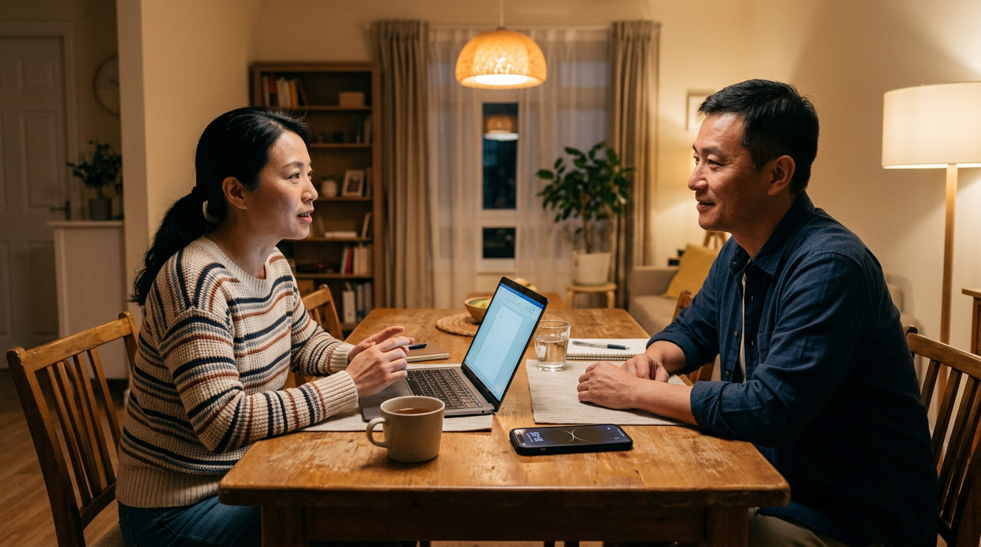 真实的家庭居家场景：两位成年人在餐桌旁讨论手机使用规律，一部智能手机屏幕朝上放在笔记本旁边，氛围平衡、不夸张，暖色环境光，自然表情，无文字叠加，无水印。手机背面...