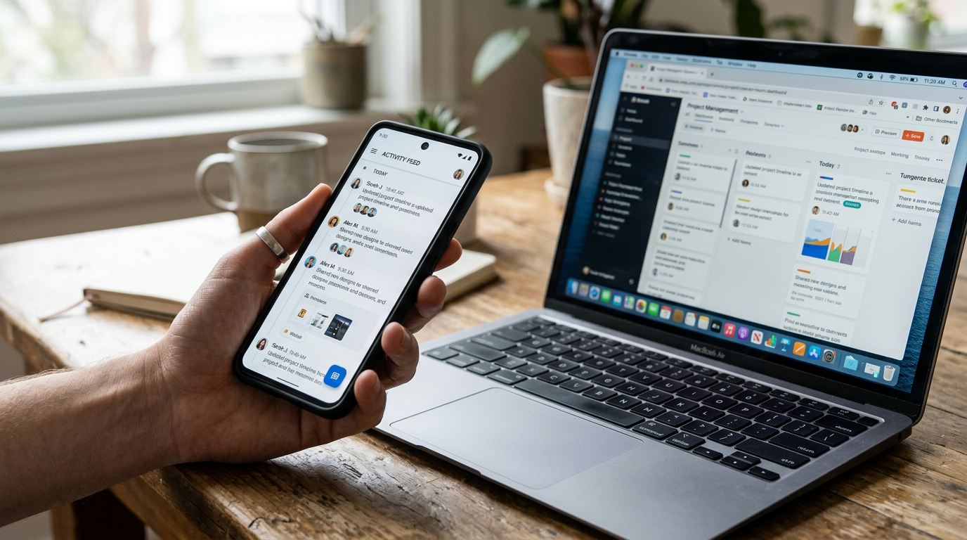 写实特写：一只手拿着智能手机，屏幕上显示通用的时间线式活动界面，旁边桌上打开着一台笔记本电脑，暗示与浏览器查看方式进行对比，自然日光，浅景深，纪实摄影风格，无文...