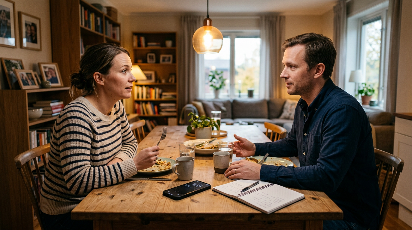 En realistisk hemmiljö för en familj där två vuxna diskuterar mönster i telefona...