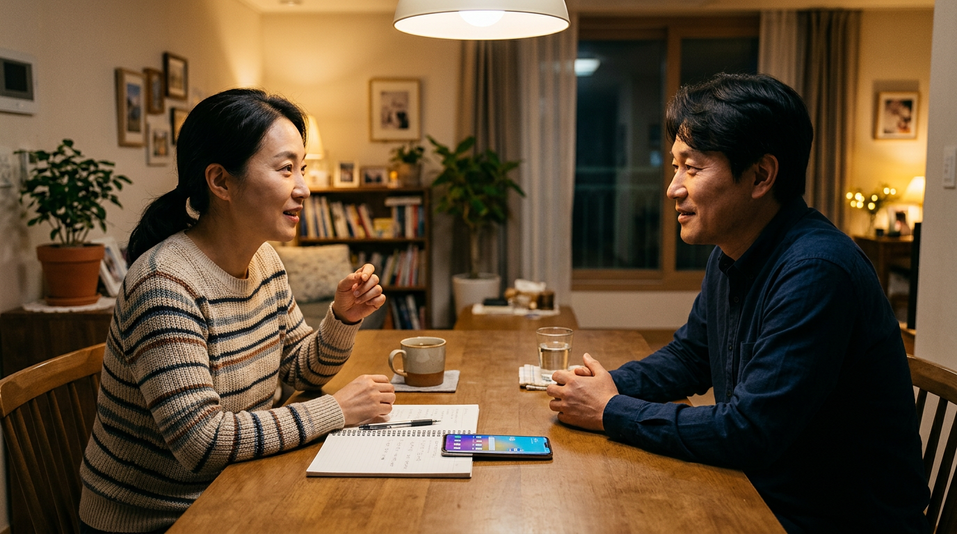가정집 식탁에서 두 성인이 휴대폰 사용 패턴에 대해 대화하는 현실적인 장면, 노트 옆에 화면이 위로 향한 스마트폰 한 대가 놓여 있음, 과장되지...