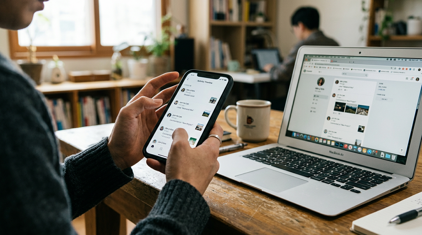 손에 든 스마트폰에 타임라인 형태의 일반적인 활동 인터페이스가 보이는 현실적인 클로즈업 장면, 옆에는 브라우저 확인과의 비교를 암시하는 열린 노...