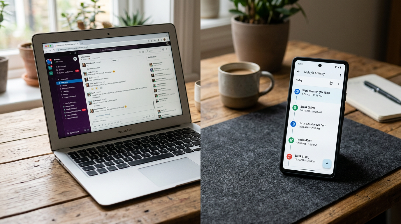 Espacio de trabajo realista en escena dividida con un portátil abierto en una interfaz genérica de mensajería en navegador...