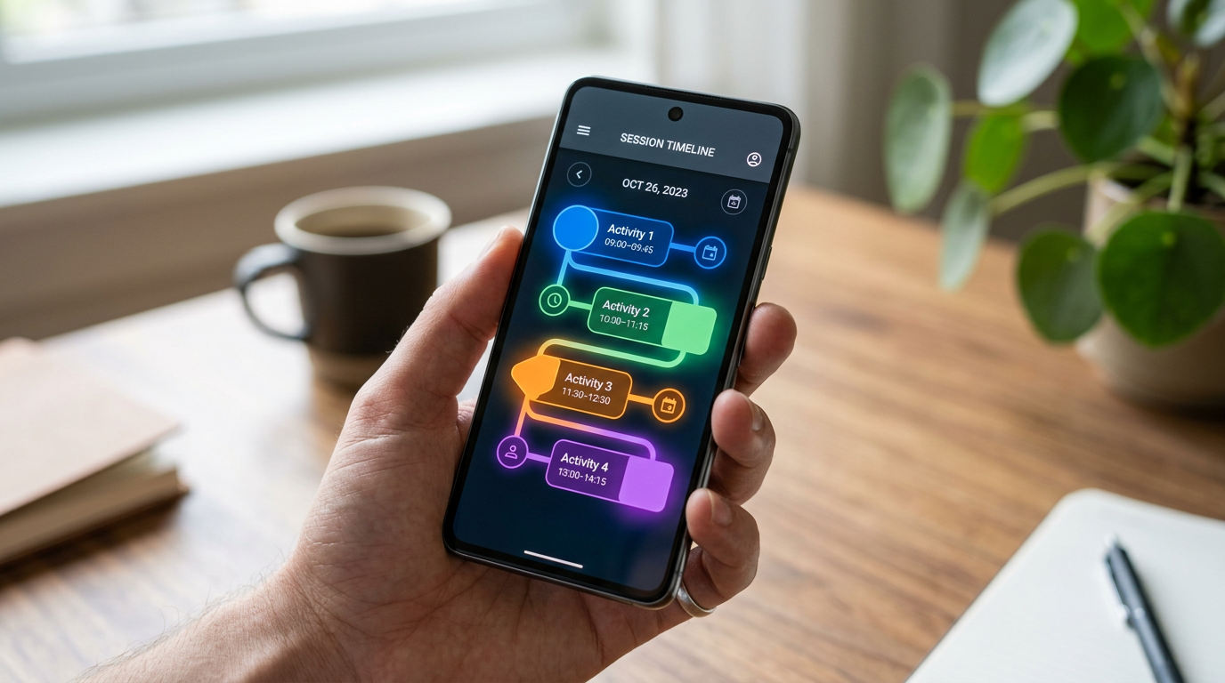 Primer plano realista de una mano sosteniendo un smartphone con una interfaz abstracta de línea de tiempo de sesiones...