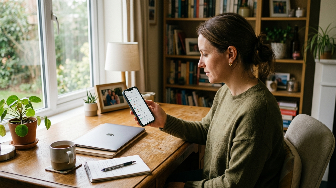 가정형 홈오피스에서 부모가 스마트폰 타임라인 화면을 살펴보는 자연스러운 장면