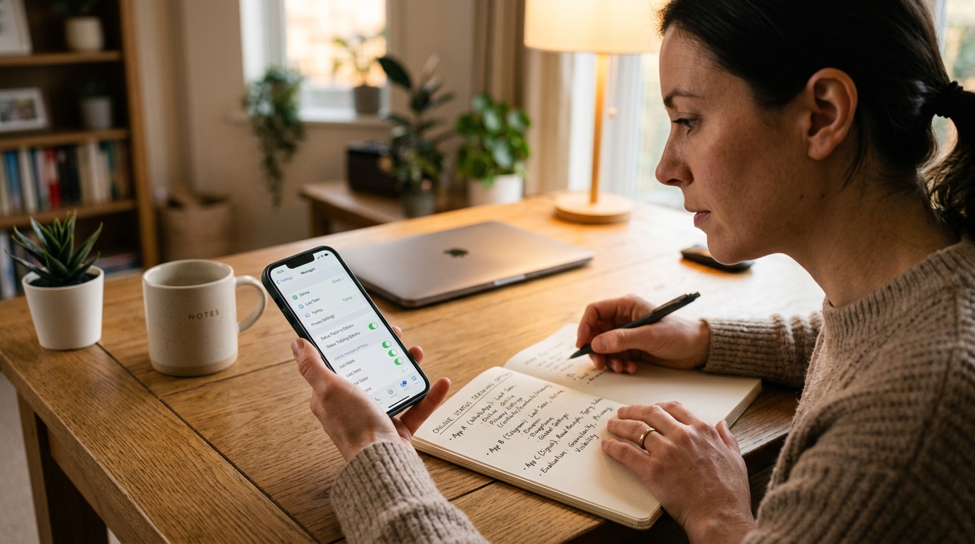 메신저 앱 추적 옵션을 비교하며 모바일 화면과 손글씨 메모를 함께 살펴보는 인물의 사실적인 클로즈업