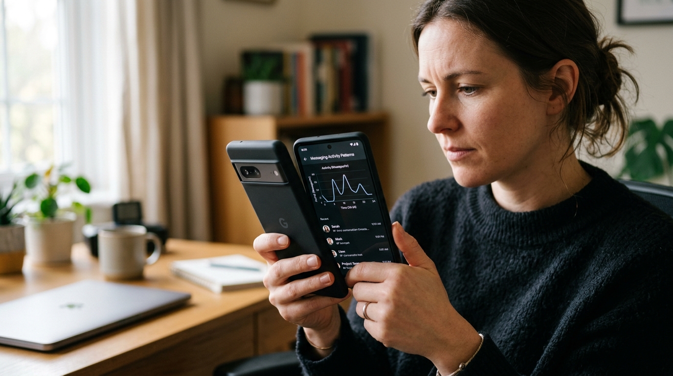 תקריב ריאליסטי של אדם המחזיק סמארטפון ומתבונן בדפוסי פעילות בהודעות...