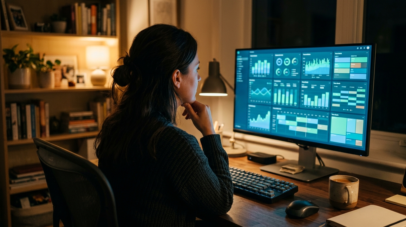 어두운 조명의 책상에 앉아 컴퓨터 모니터를 진지하게 바라보고 있는 성인의 어깨 너머 근접 샷. 모니터에는 시간대별 데이터 시각화 차트가 표시되어 있다.