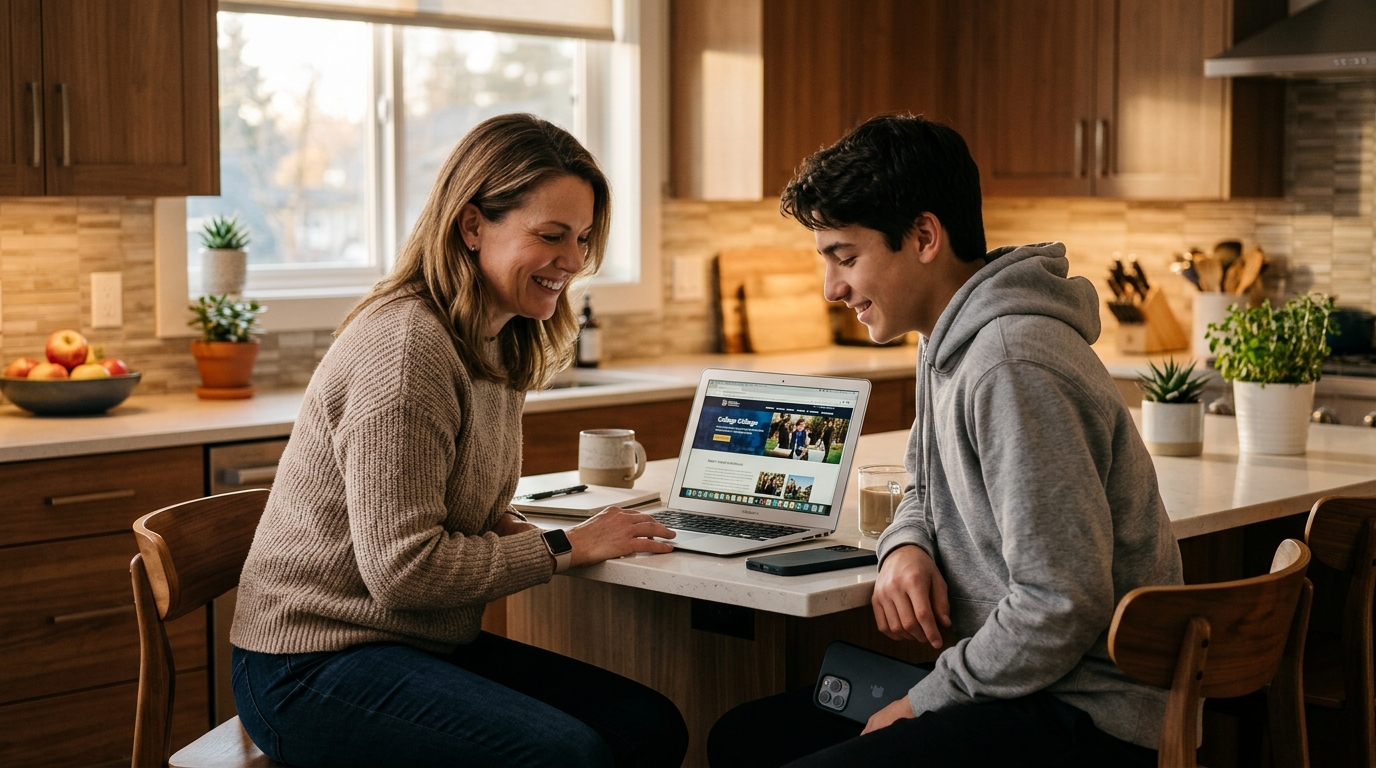 주방 아일랜드 식탁에 앉아 함께 노트북 화면을 보며 대화하는 부모와 십대 자녀의 모습