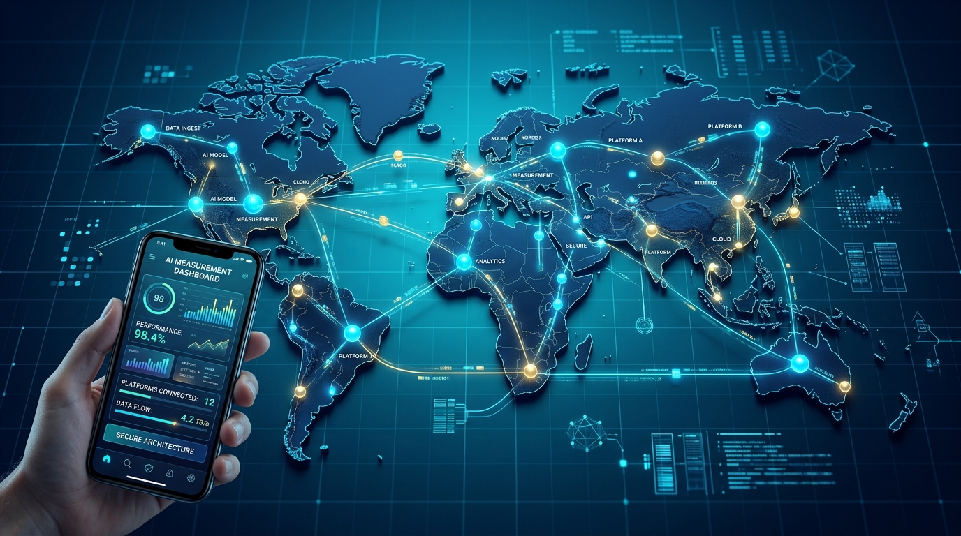 세계 지도 위로 안전하게 연결된 데이터 노드들을 보여주는 전문적인 일러스트레이션