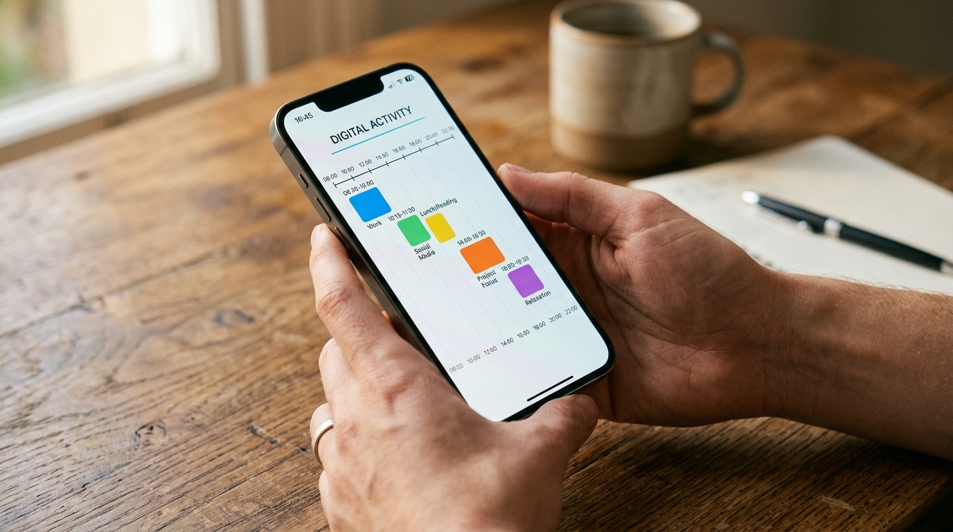 लकड़ी की मेज पर आधुनिक स्मार्टफोन पकड़े हुए व्यक्ति के हाथों का क्लोज-अप