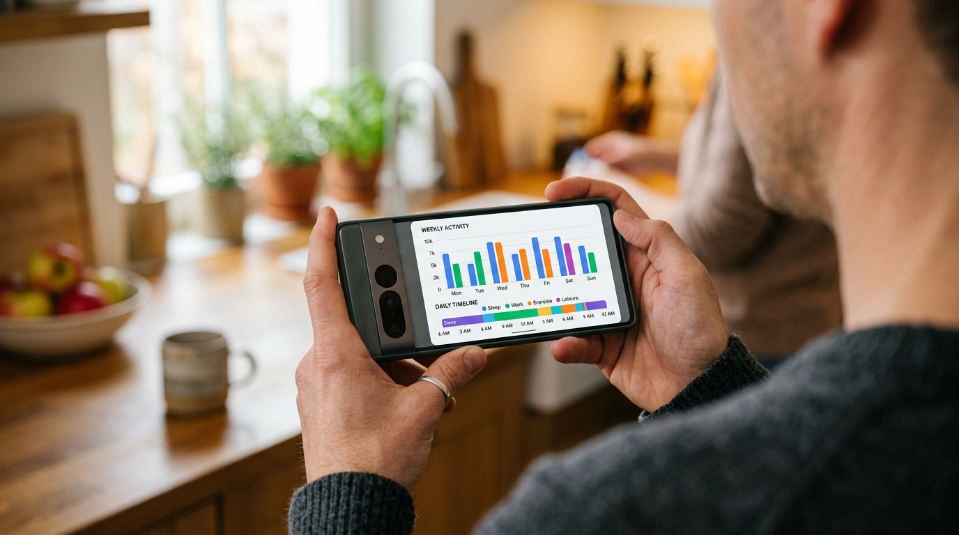 최신 스마트폰을 들고 활동 데이터를 확인하는 사람의 손