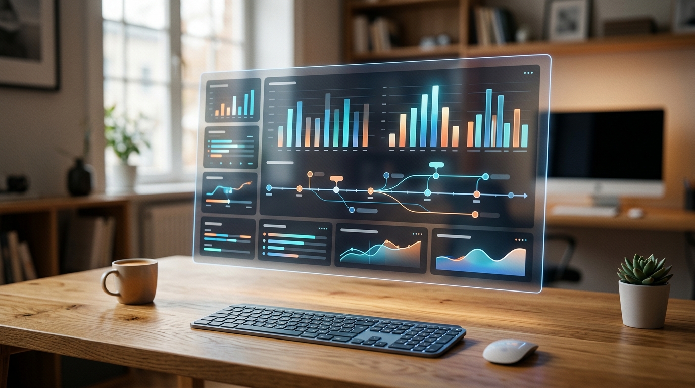 תמונה קונספטואלית המציגה לוח בקרה דיגיטלי מודרני ונקי המרחף מעל שולחן עבודה...